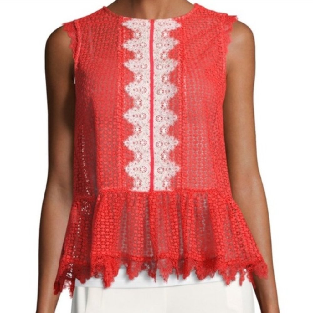 Saloni | Red Adele Sleeveless Lace Peplum Top | 8